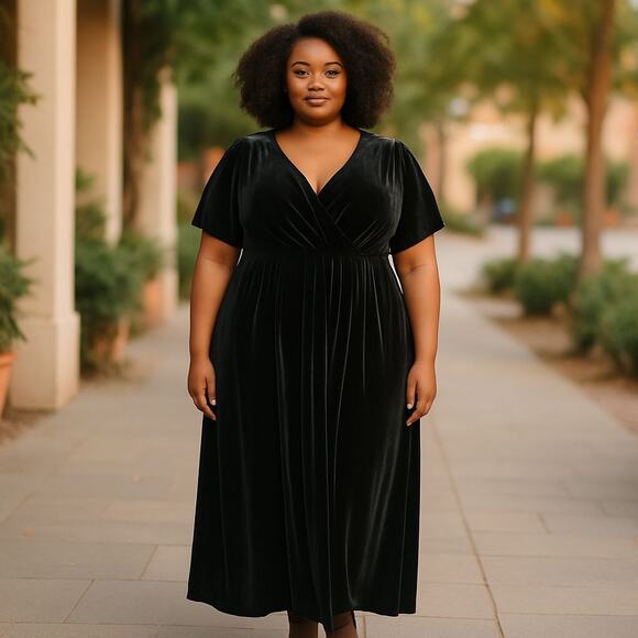 ASOS Curve Size 22 Black Velvet Pleated Maxi Dress Cutout Back - Picture 1 of 11